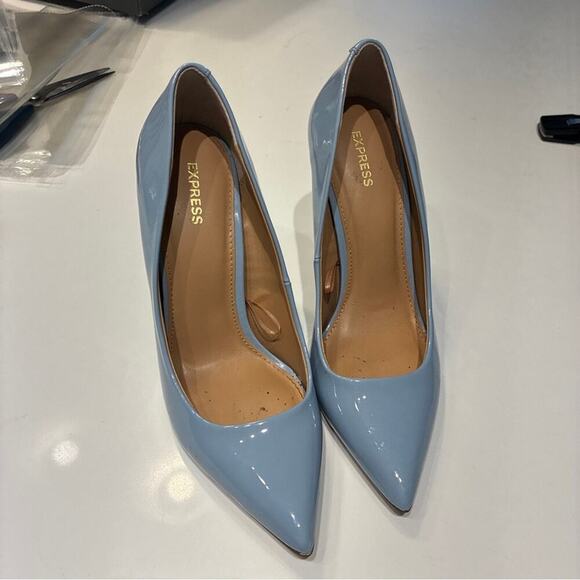 Express Sky Blue Patent Leather Pointy Stiletto Heels Sz 9 - Picture 2 of 8